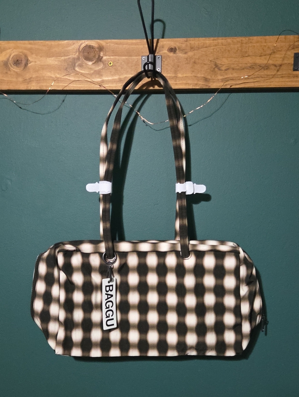 BAGGU Medium Nylon Bowler - Blurred Gingham Brown  NWT